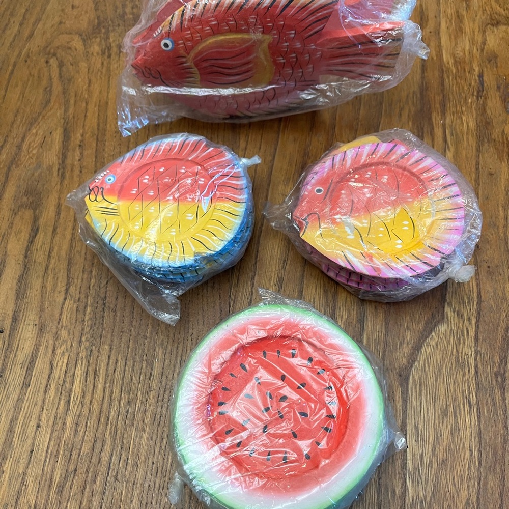 Vintage Set of Indonesian Wooden Coasters and Napkin Holder